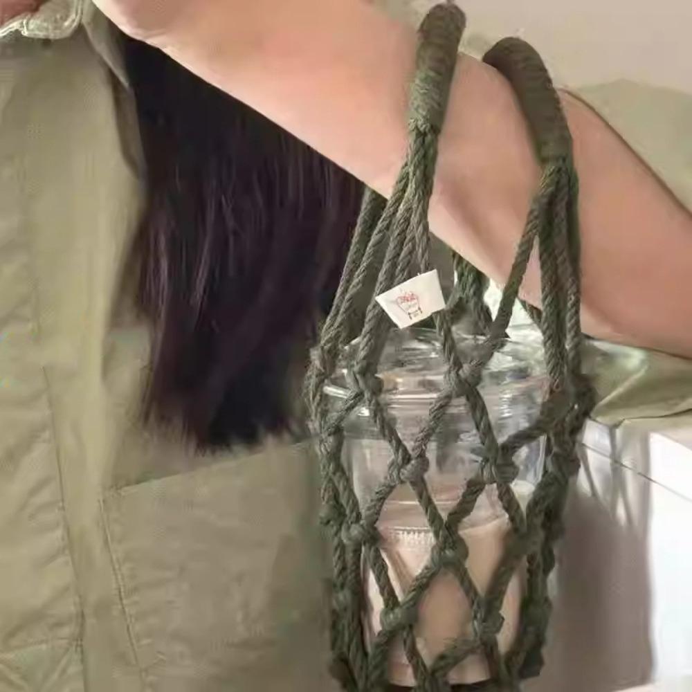 2Pcs Practical Woven Water Bottle Bags Hollow Out Portable Water Cup Mesh Bag Foldable Double Handle Net Bag Cup Cover Camping