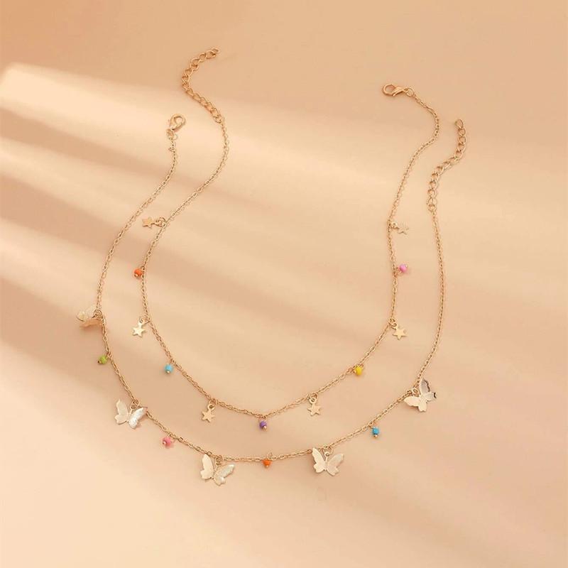 Fashion Versatile Cute Pendant Female, Double Metal Butterfly Star Colored Rice Bead Necklace