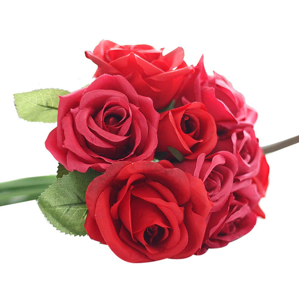 9 Heads Artificial Silk Fake Flowers Leaf Rose Wedding Floral Decor Bouquet