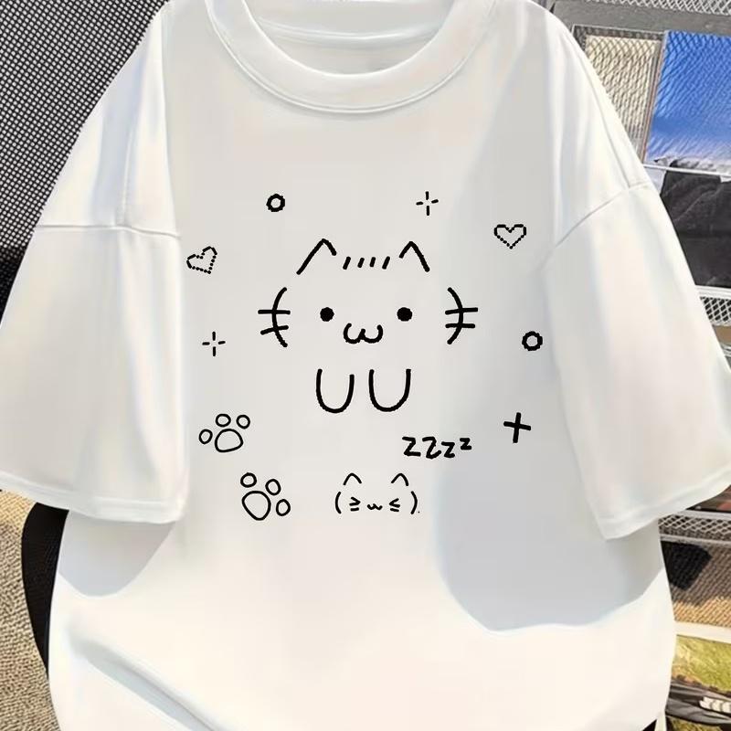 Cartoon Printed Fashion Pattern T-shirt Casual Short-sleeved White Cute Cat Summer Short Sleeved Tops Tee