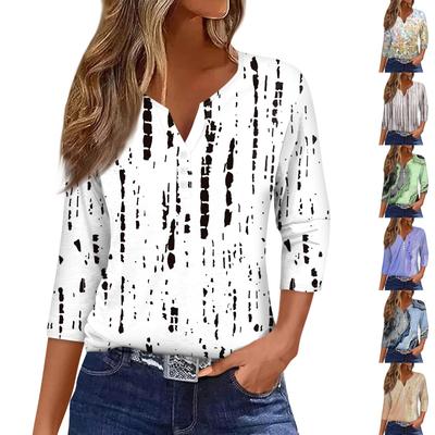 Women's T Shirt Tee Print Button  3/4 Sleeve Daily Weekend Fashion Basic V- Neck Regular Top