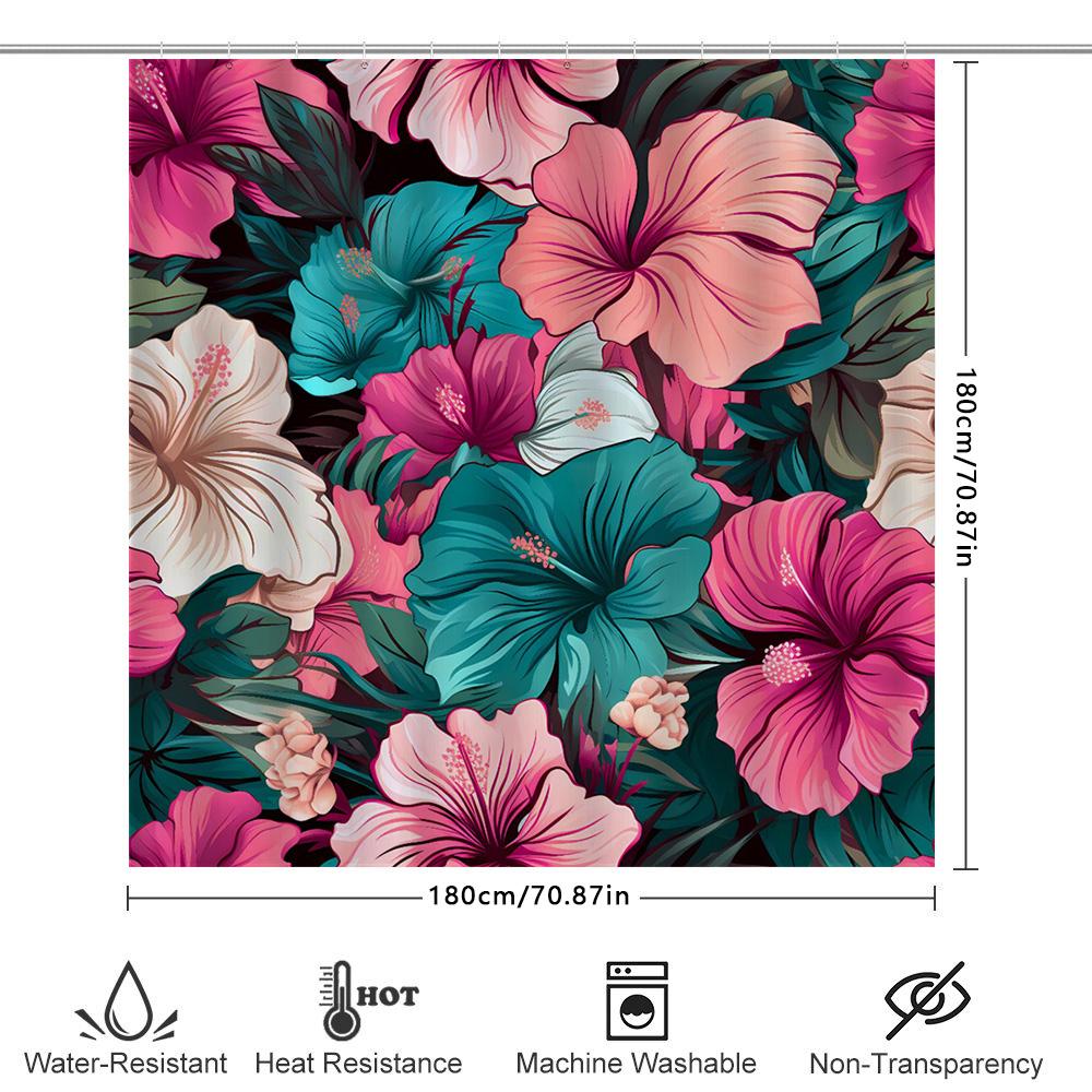 Colorful Hibiscus Shower Curtain Premium Quality Fabric Bath Decor For Home Decoration In Pink Blue Floral Pattern Design