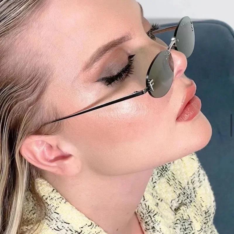 Frameless Oval Sunglasses with Zircon UV Resistant Cool Luxury Brand Design for Women and Men Fashion Trend