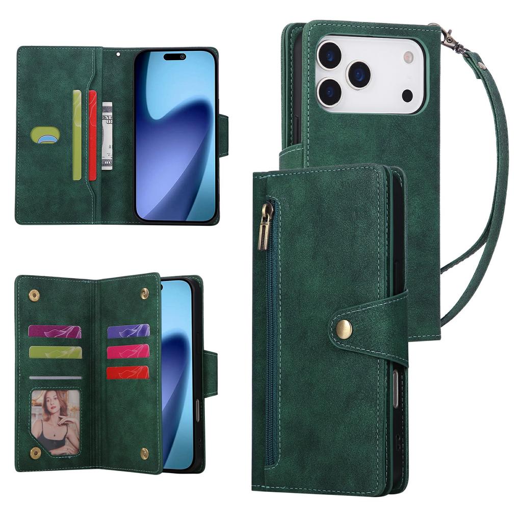 For iPhone 17 Pro Case Zipper Wallet Rivet Decor Leather Phone Cover with Wrist Strap