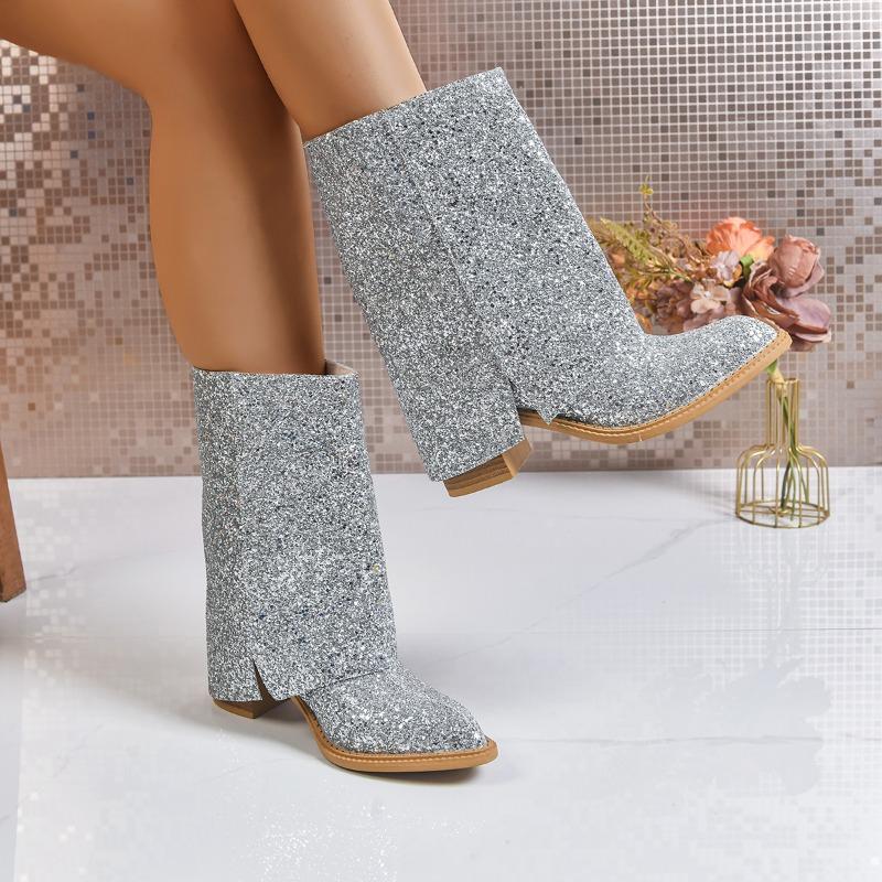 

Women s Spring/Autumn 2026 Shiny Square Heel Mid-Leg Boots Pointed Toe Sleeve Non-Slip Block Heel Single Shoes 36 серебряный