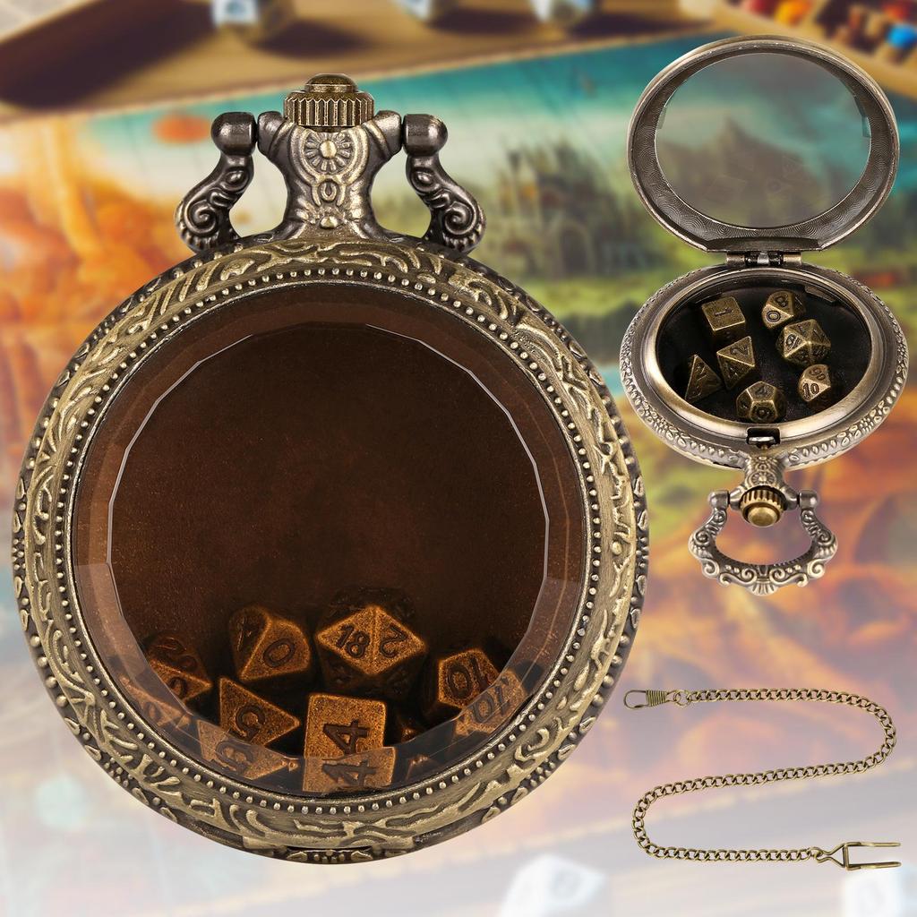 Glass Pendant Pocket Watch with DND Dice Board Game Set