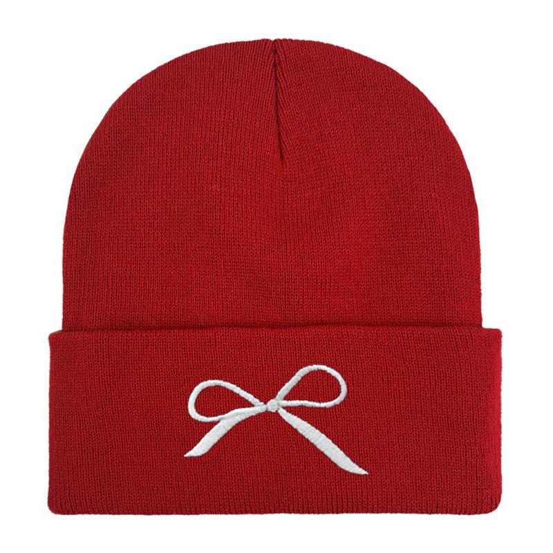 Bow Embroidered Flower Knitted Hat Versatile Wool Hat Outdoor Riding Pullover Hat
