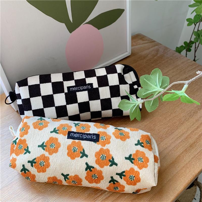 1pcs Corduroy Pencil Bag Pen Case Vintage Flower Grid Artistic Style Student Bag Unique Stationery Storage Pouch School