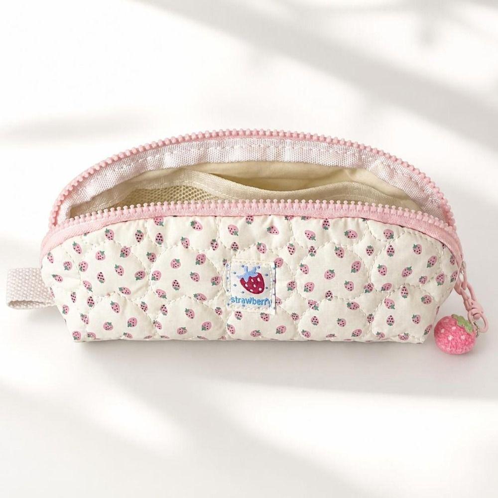 Pink Strawberry Print Stationery Bag with Strawberry Pendant Cosmetic Storage Bag Students Gift