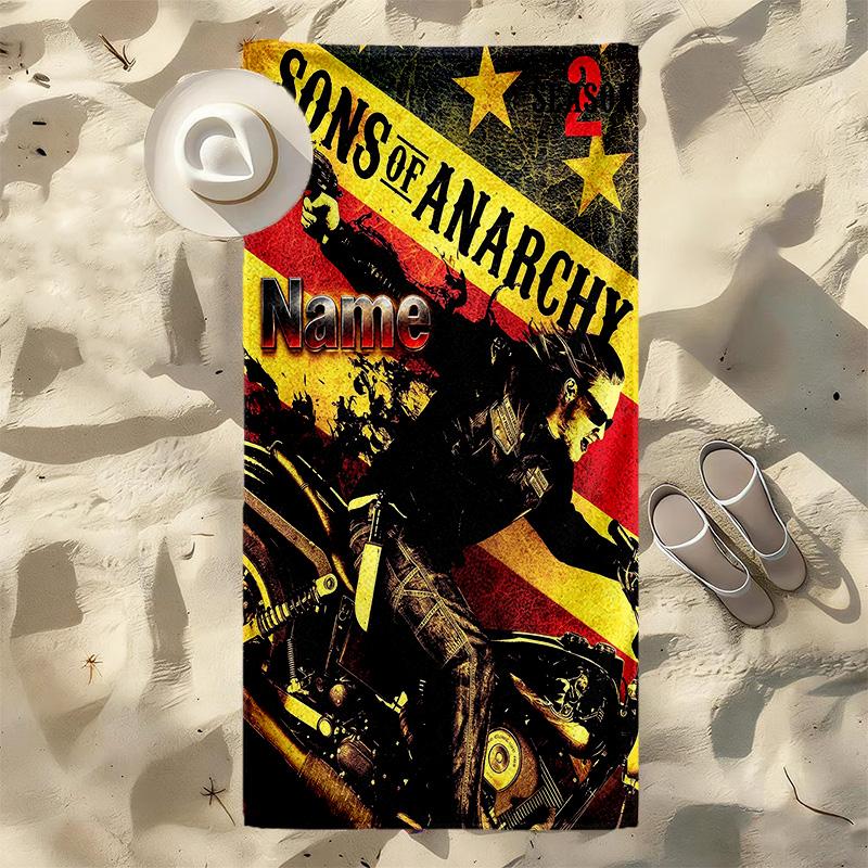 Custom Name Biker Anarchy Stylish Digital Printing Beach Towel Quick‑Drying Absorbent Blanket for Beach Pool Gym Travel