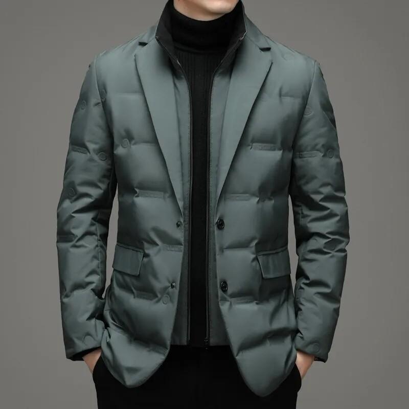 Mens Lightweight Down Blazer Jacket Winter Warm Business Casual Hooded Coat Black Gray Olive