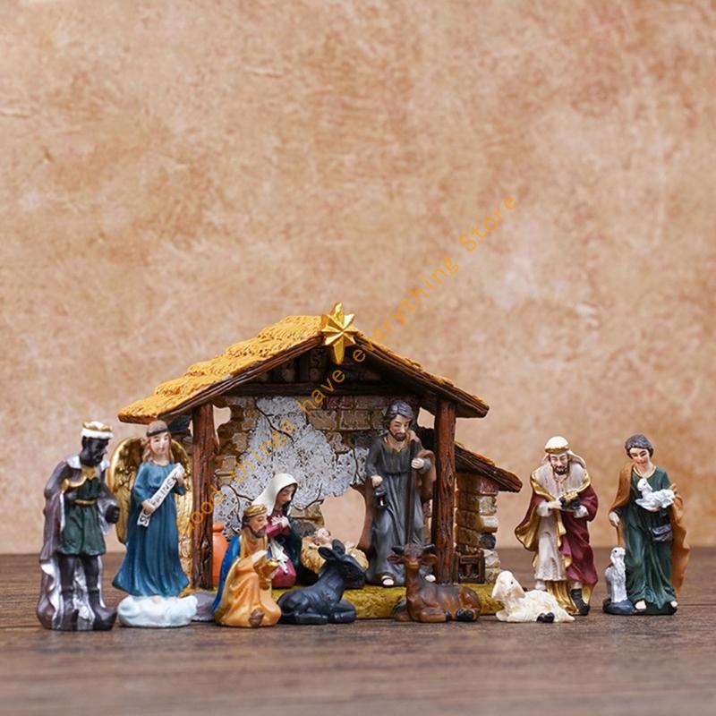 Christmas Nativity Figurines Resins Nativity Scene Statue with Stable Holy Family Statue Table Centerpieces Home Decors 55KF