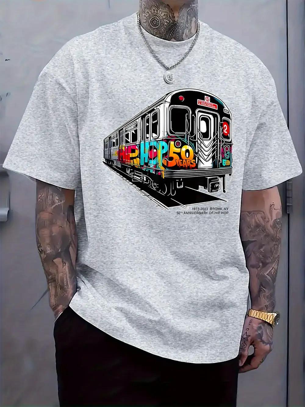 Hip-Hop 50th Anniversary Train Print T-shirt - Casual Crew Neck XL