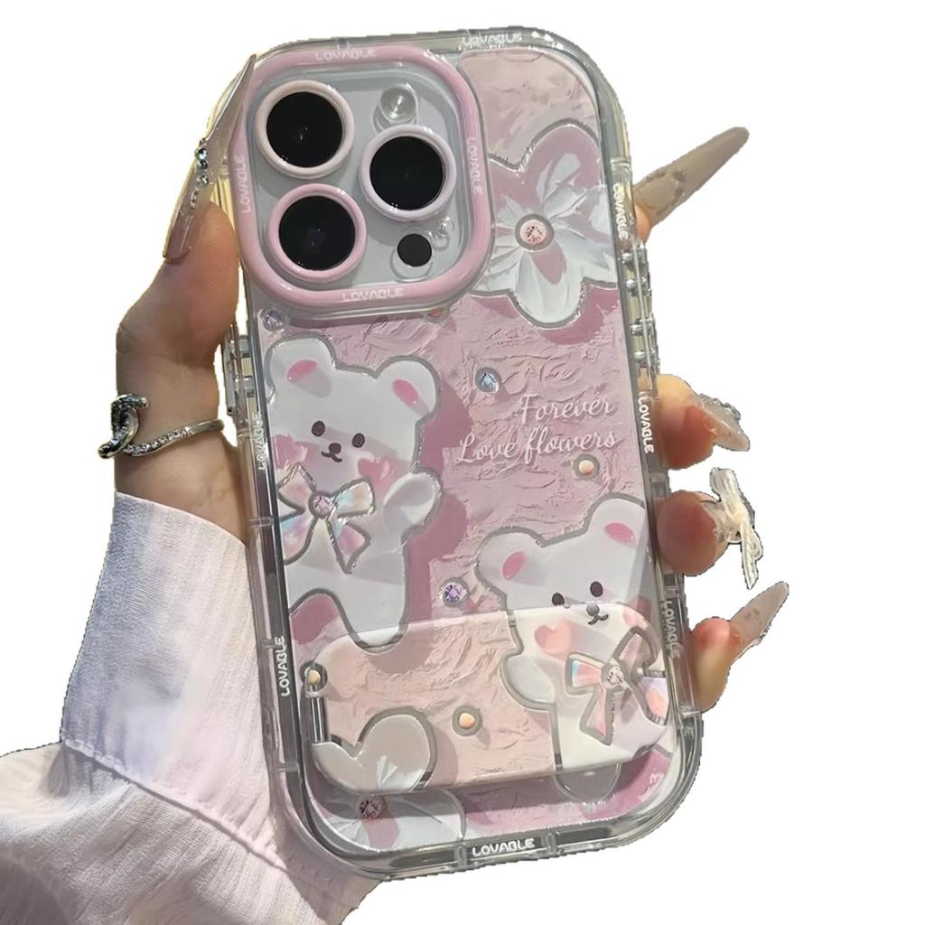 Oil Painting Teddy Bear for Apple 17 Feather Gauze Cream Phone Case for IPhone 16 Promax Cartoon 15/14 Pieces