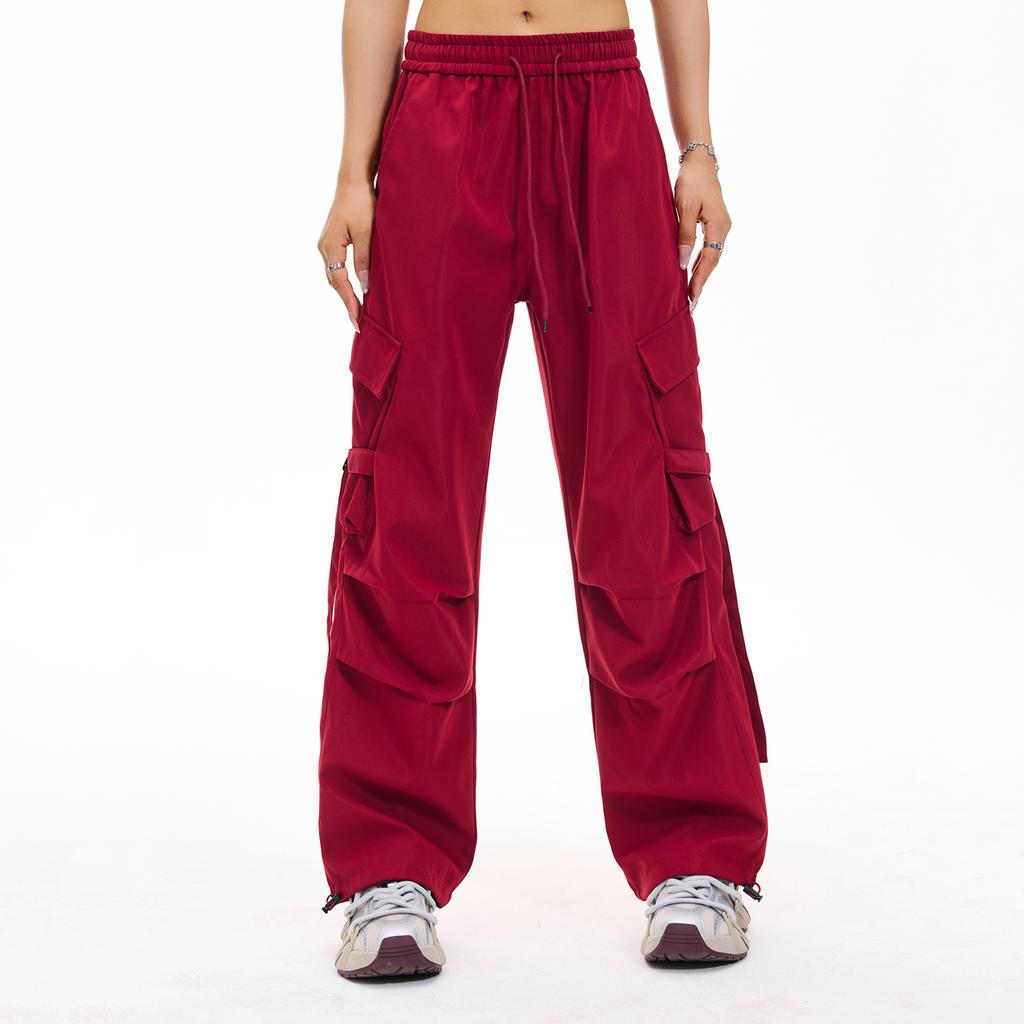 Women's Overalls Casual Lightweight Solid Color Trousers Drawstring Multi-Pockets Straight Leg Pants