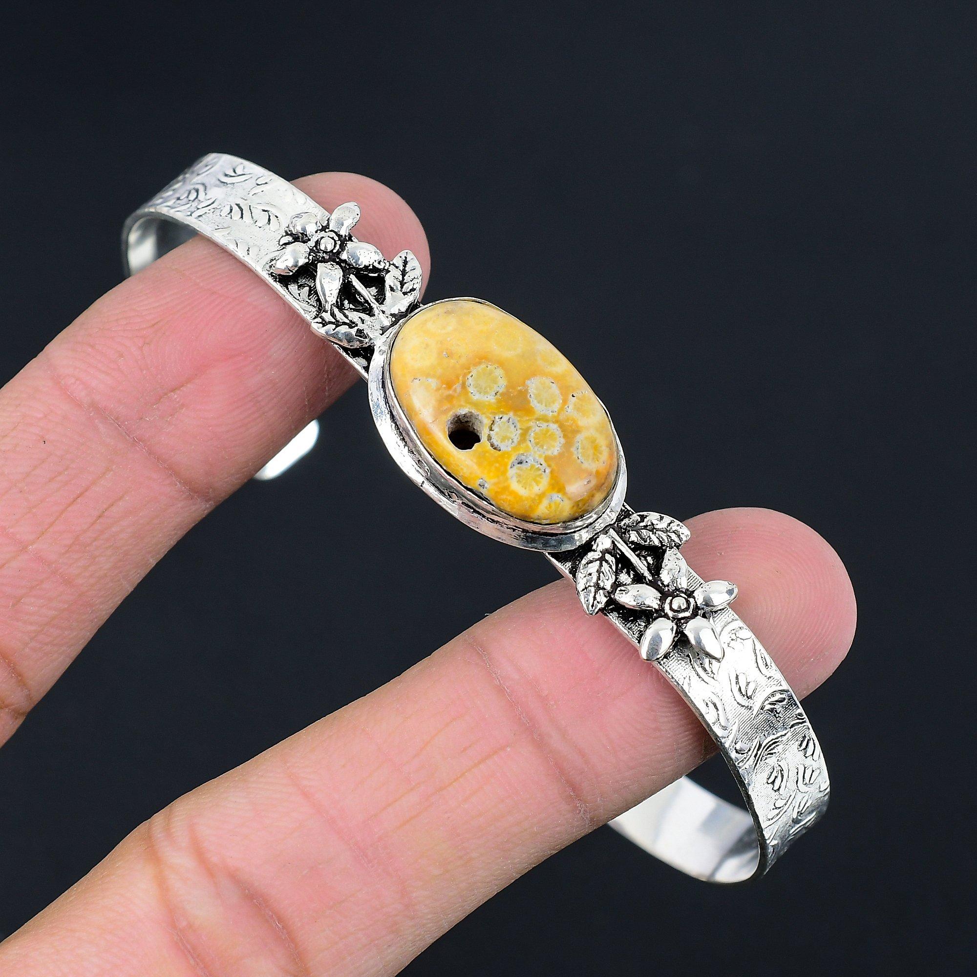 

Daughters Day Deal Fossil Coral Stone 925 Silver Sister Elegant Bangle Jewelry Adjustable