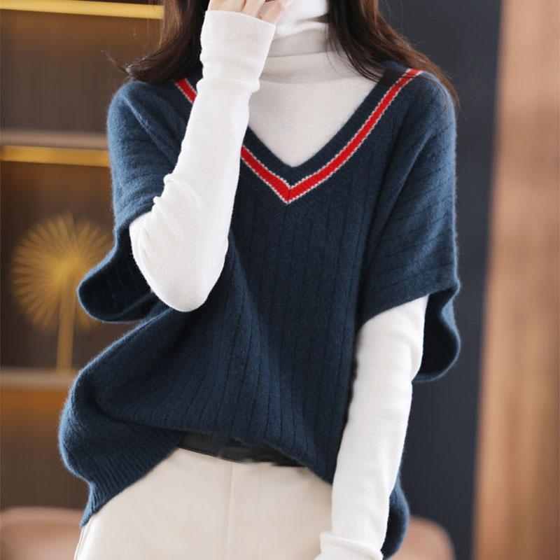 Toamnă Iarnă Vestă tricotată pentru femei, cu decolteu în V, largi, color-bloc, tricot, pulover fără mâneci