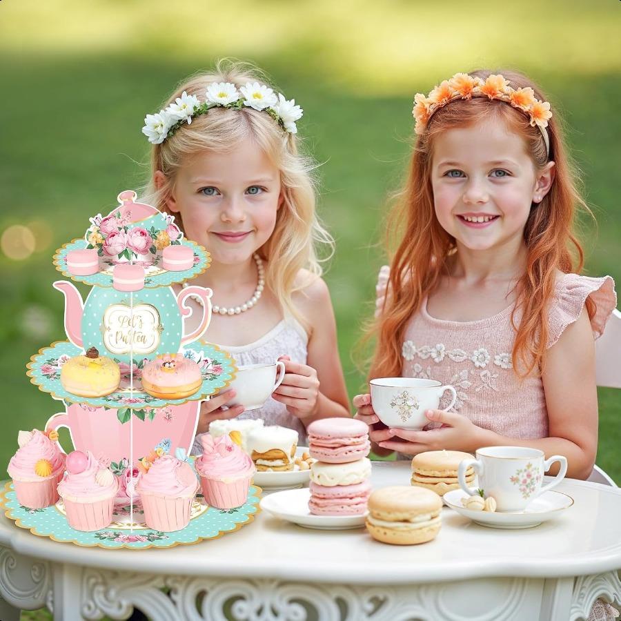 

Набор из 2 шт. Цветочная подставка для кексов для чаепития, украшения для чаепития, 3-ярусная подставка для кексов в виде чайника, украшения для чаепития на день рождения для Фло United States