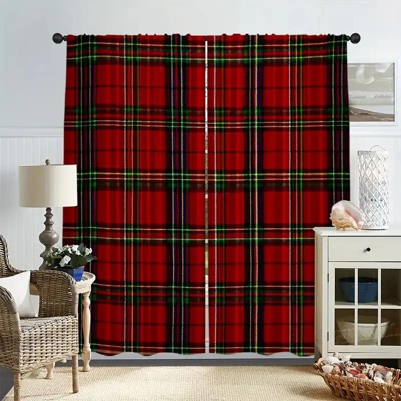 Modern Checkered Printed Curtains Pole Bag Bedroom Living Room Decoration Home Christmas Curtain Polyester Perfect For Sitting