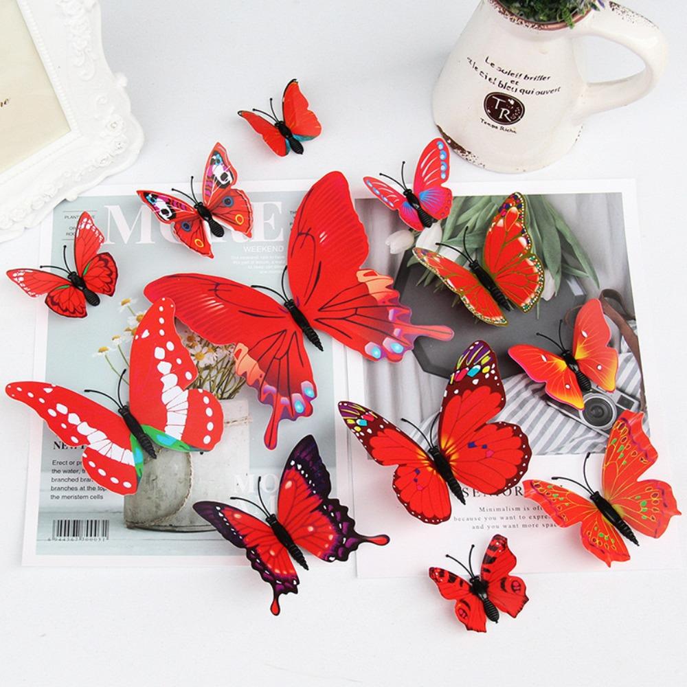 12Pcs DIY 3D Butterfly Wall Stickers Double-layer Simulated Art Magnet Stickers Fashion Color Magnet Fridge Decals Room