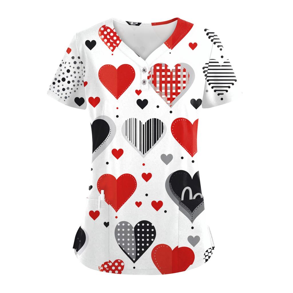 Women's Button V Neck Fashion Casual ChristmasValentine's Day Print Tops Dry-nurse Top,Scrubs Tops For Women,2 Pockets