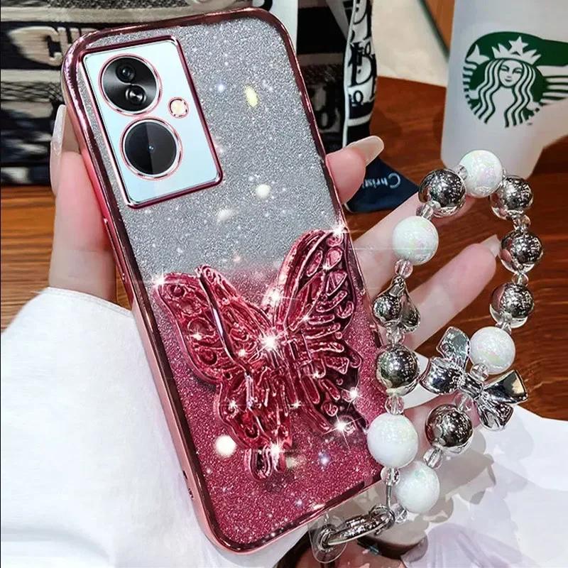 3D Butterfly Phone Holder Bead bracelet Glitter Case for Xiaomi 14T 13T 11T 12T 13 Lite POCO F6 F5 F3 M3 Redmi Note 13 Pro Cover