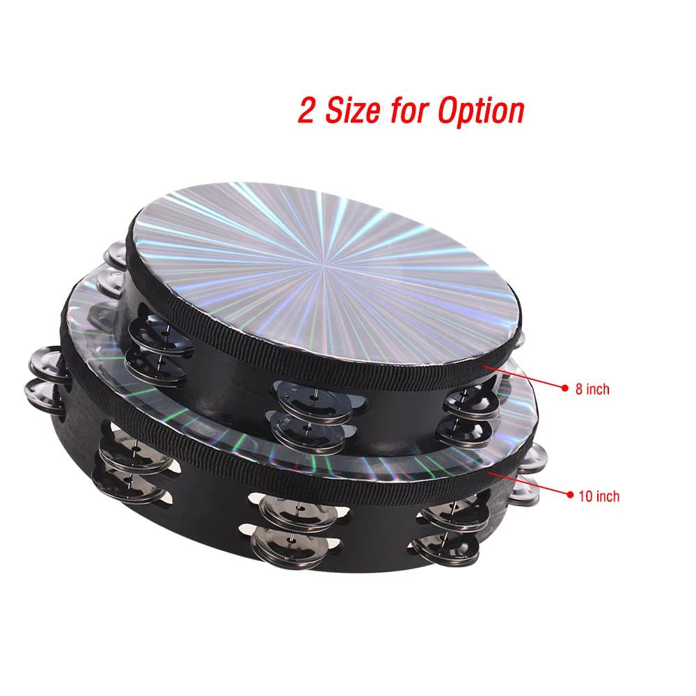 8/10 In Wooden Radiant Tambourine Handbell Hand Drum with Double Row Jingles Reflective Drum Head Musical Percussion Instrument