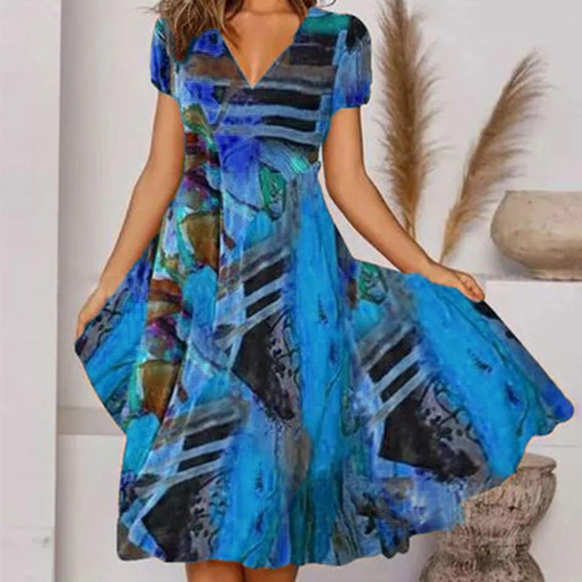 Летнее платье QICED, повседневное богемное платье с v-образным вырезом и короткими рукавами XXXL синий