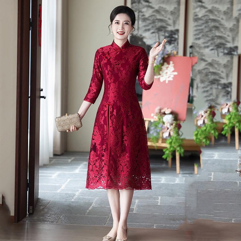 Elegant Vintage Cheongsam Dress Mother Of Bride Wedding Guest Outfit Red Pink Floral Lace Midi