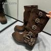 Fashion Comemore Chunky Heel Buckle Vintage Fashion Motorcycle Knee High Mid Calf Boots Shoes Leather New Platform Biker Boots for Women