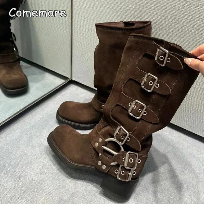 Fashion Comemore Chunky Heel Buckle Vintage Fashion Motorcycle Knee High Mid Calf Boots Shoes Leather New Platform Biker Boots for Women