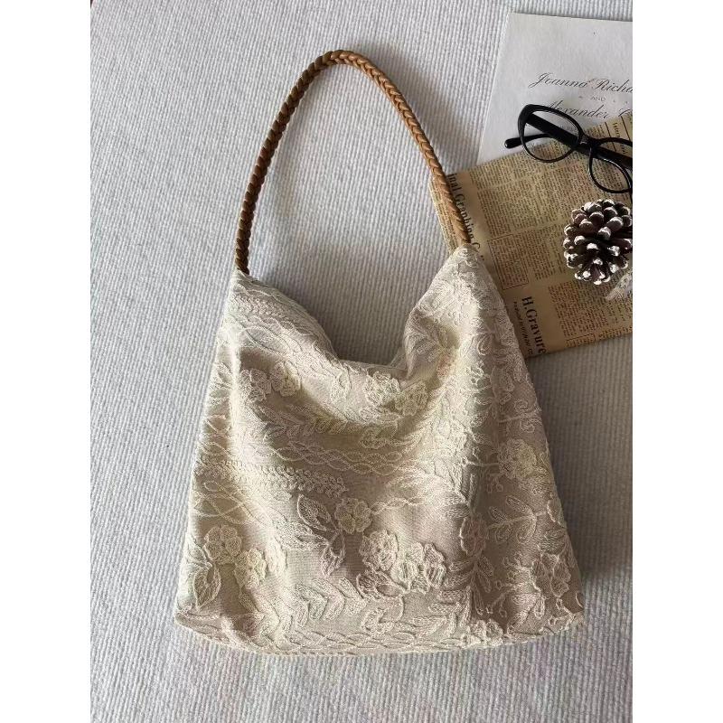 New original linen embroidery flower petals shoulder tote bag spring and summer versatile simple literary bag