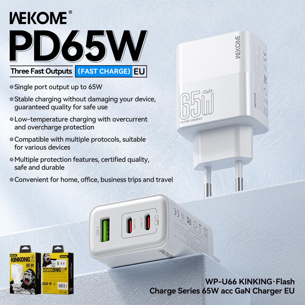 Wekome 65W Diamond Low-Temp Fast Charger with Three-Port Output (US/EU/UK Specs)