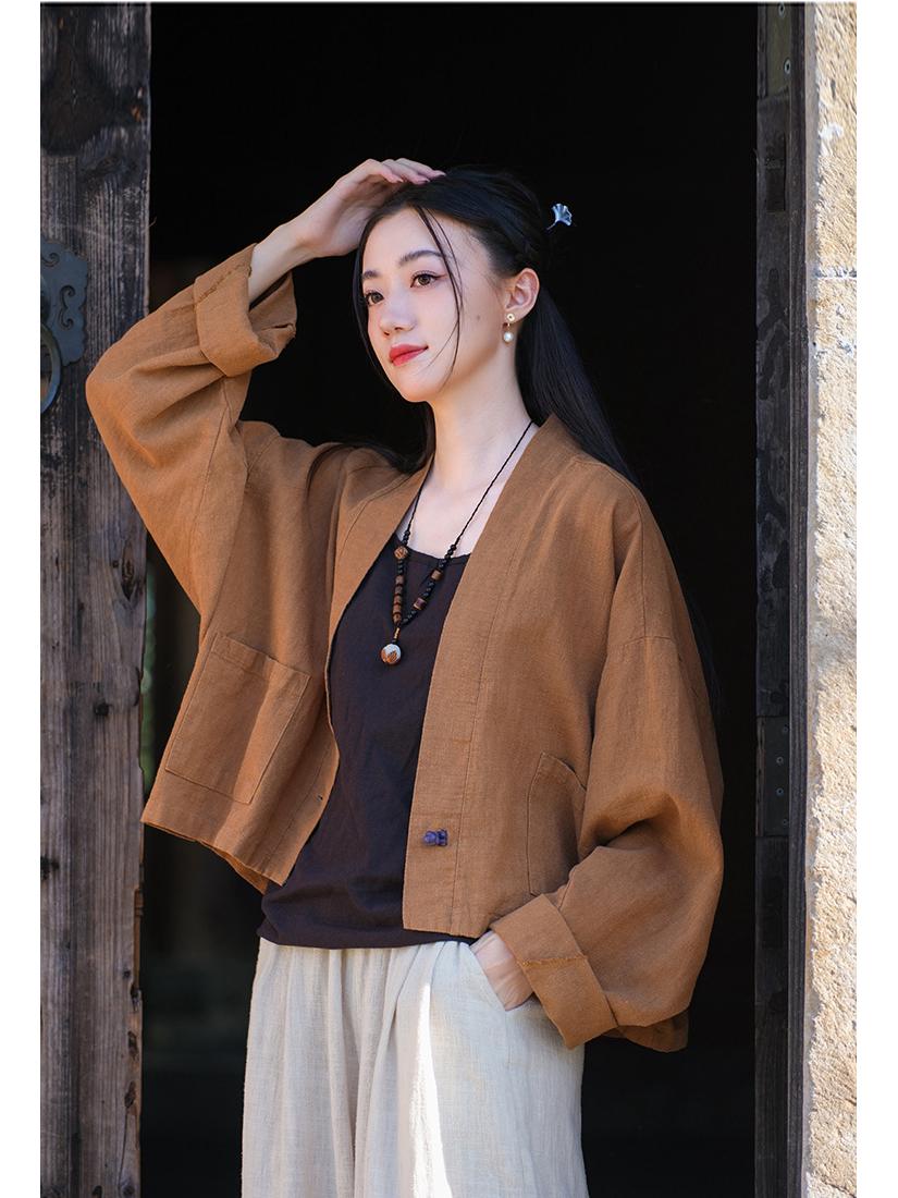 

Женский кардиган в стиле ретро, с цветными блоками, из смесовой ткани лен и песок, с застежками-лягушками One Size