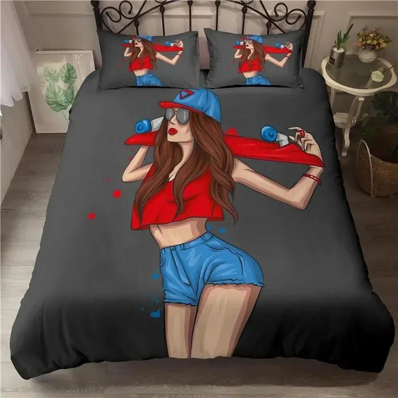 Musical Girl King Queen Duvet Cover Modern Fashion Girly Bedding Set for Kids Teens Adults Cartoon Hip Hop style Quilt Cover