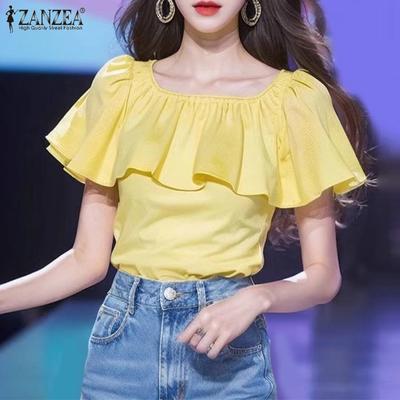 Camicetta casual da donna con scollo tondo e maniche corte con volant