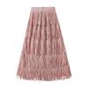 Qooth Women Tassel Splicing Pleated Skirt Elegant Elastic Waist All Match A-line Long Skirt For Spring Summer QT2140