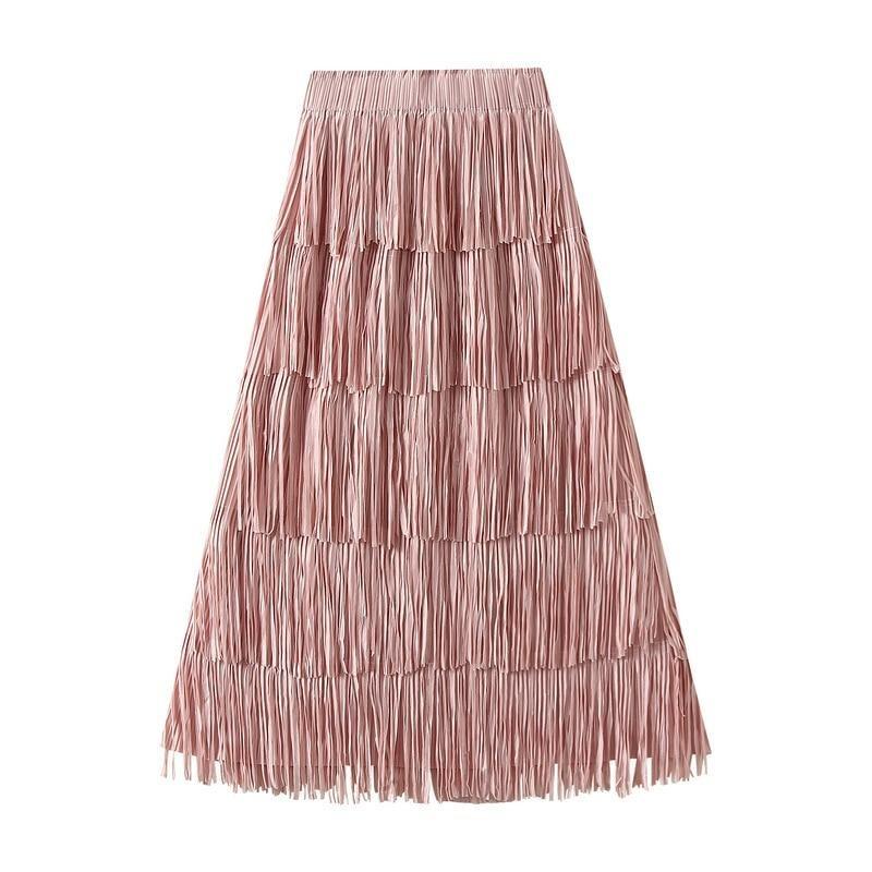 Qooth Women Tassel Splicing Pleated Skirt Elegant Elastic Waist All Match A-line Long Skirt For Spring Summer QT2140