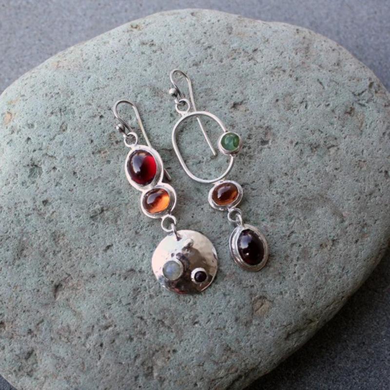 Vintage Copper Color Geometry Round Hollow Red Stone Carving Dangle Earrings for Women Jewelry