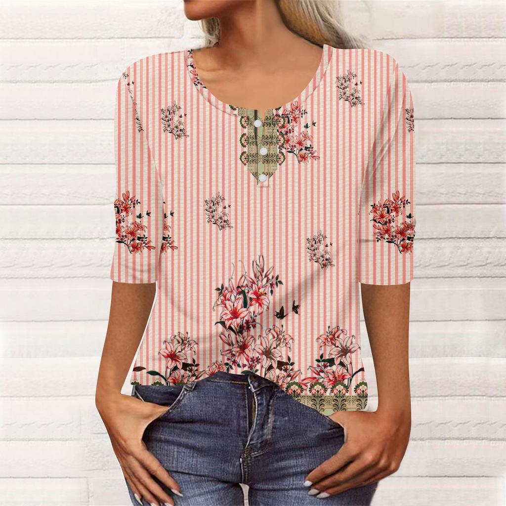 Women's Fashion Casual Long 3/4 Sleeve Flower Buttons Print U-Neck Pullover Top Blouse