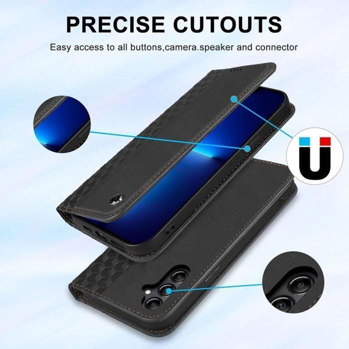 Coque - E.F.Connection - pour Xiaomi Redmi 13C en Cuir PU Noir - avec 2 Verres Trempés