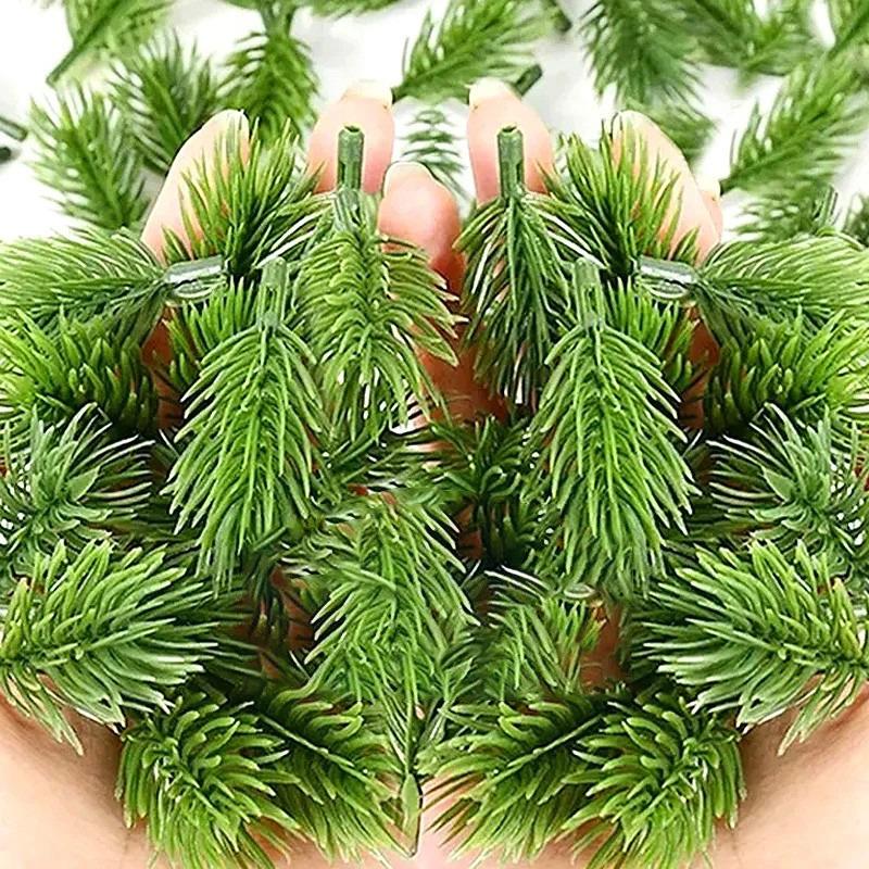 200/10PCS Artificial Pine Needle Short Branches Mini Fake Plant Stems Xmas Tree Decoration Home Ornament DIY Wreath New Year