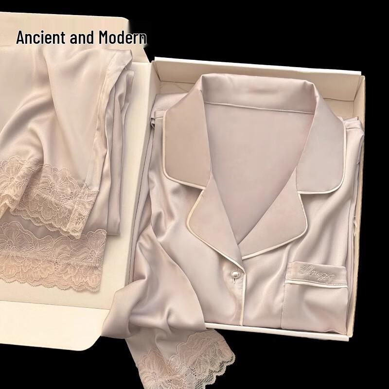 GUJIN Women s Elegant Ice Silk Two-Piece Pajama Set L