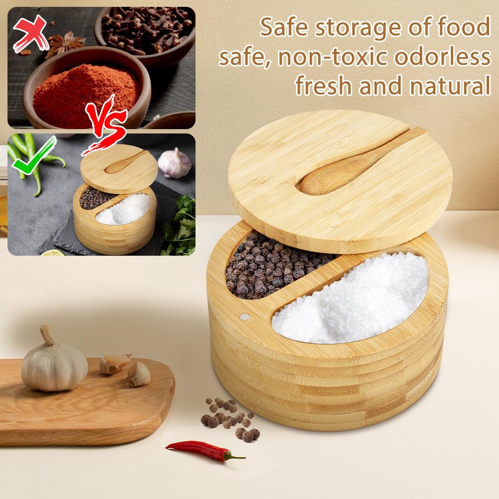 Salt and Pepper Bowls Bamboo Pepper Salt Box with Lid 2 Compartments Storage Box Multipurpose Seasoning Container for Spice