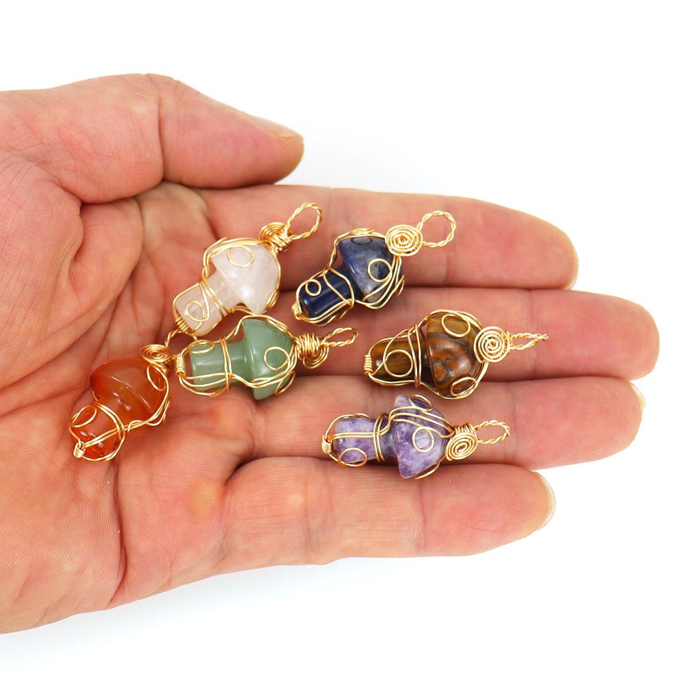 Handmade Gold Winding Crystal Tiger Stone Agate Small Mushroom Pendant Necklace Jewelry N588