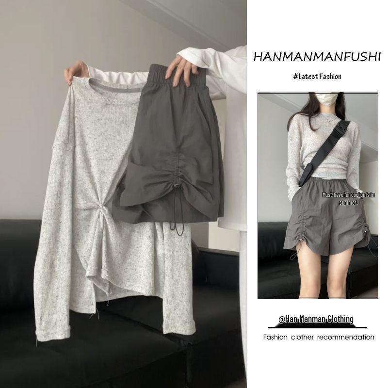 

2026 Korean Style Women s Two-Piece Set: Sun Protection Cover-up Top with Cargo Shorts XL [Recommended 115-125]
