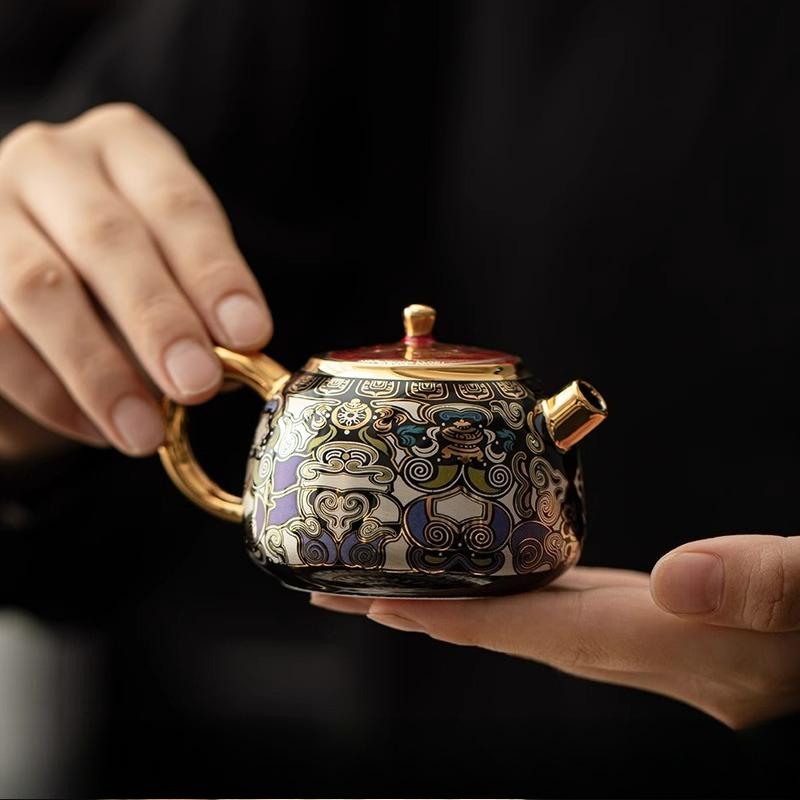Dunhuang Gold & Silver Inlay Black Thangka Glaze Taotie Teapot for Gongfu Tea Ceremony Home Gift