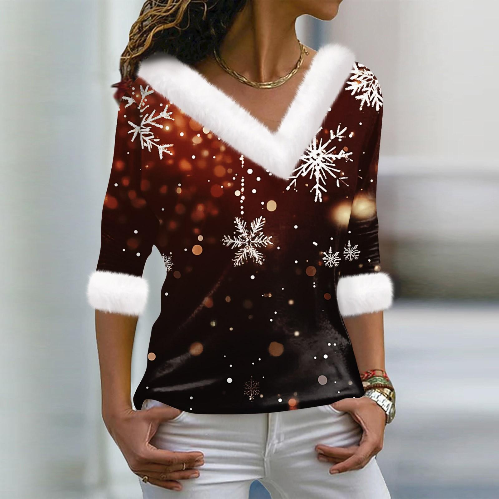 

Женский модный повседневный топ с V-образным вырезом и длинными рукавами, рождественским принтом и плюшевым воротником M оранжевый