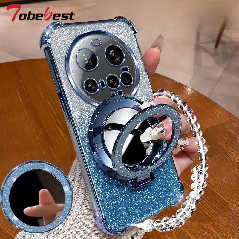 Stoßfeste GLITZER Beschichtung Hülle Für Xiaomi 15 Ultra 14 14T 13 12 Pro 11 Lite Kristall Armband Spiegel Magsafe Handyhalter Abdeckung