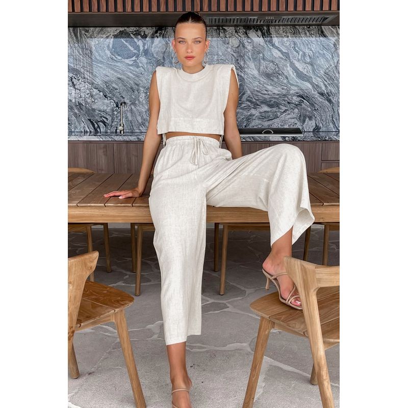 

Casual Fashion Padded Shoulder Button Side Lace up Short Vest Minimalist Elegant Elastic Band Loose Pants Two-piece Set Women Khaki S